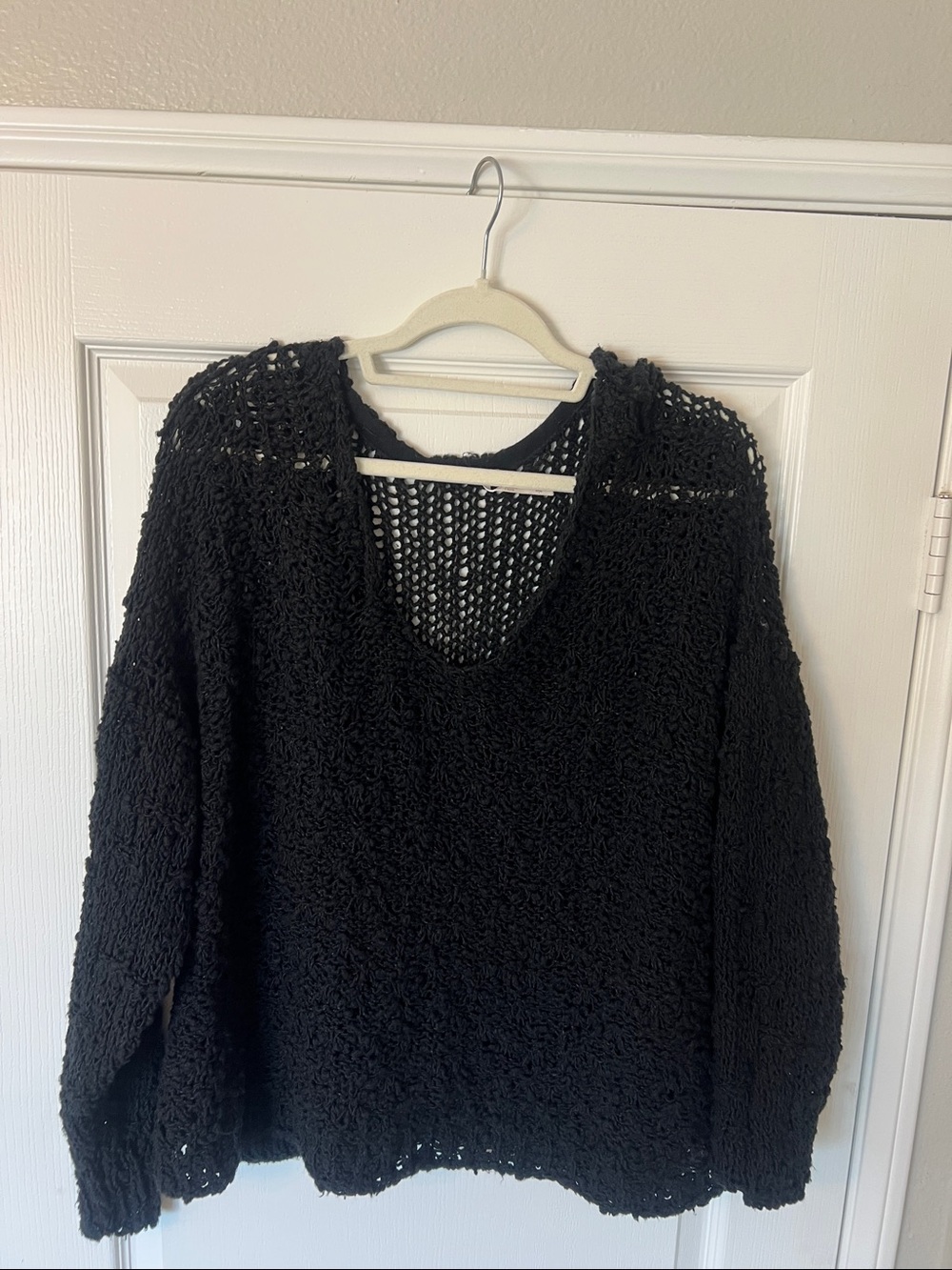 Like New Free People Black Open-Knit V-Neck Sweater